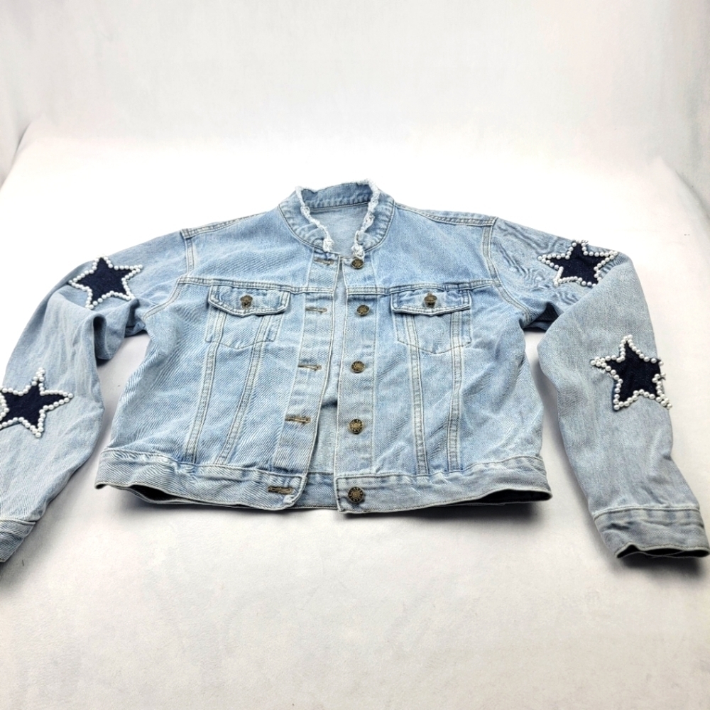 Raw hem collar pearl star bomber style denim jacket‎